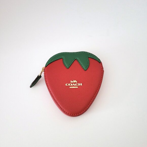 Coach CAN28 Strawberry Coin Case Change Purse Bold Red Leather - Picture 2 of 6